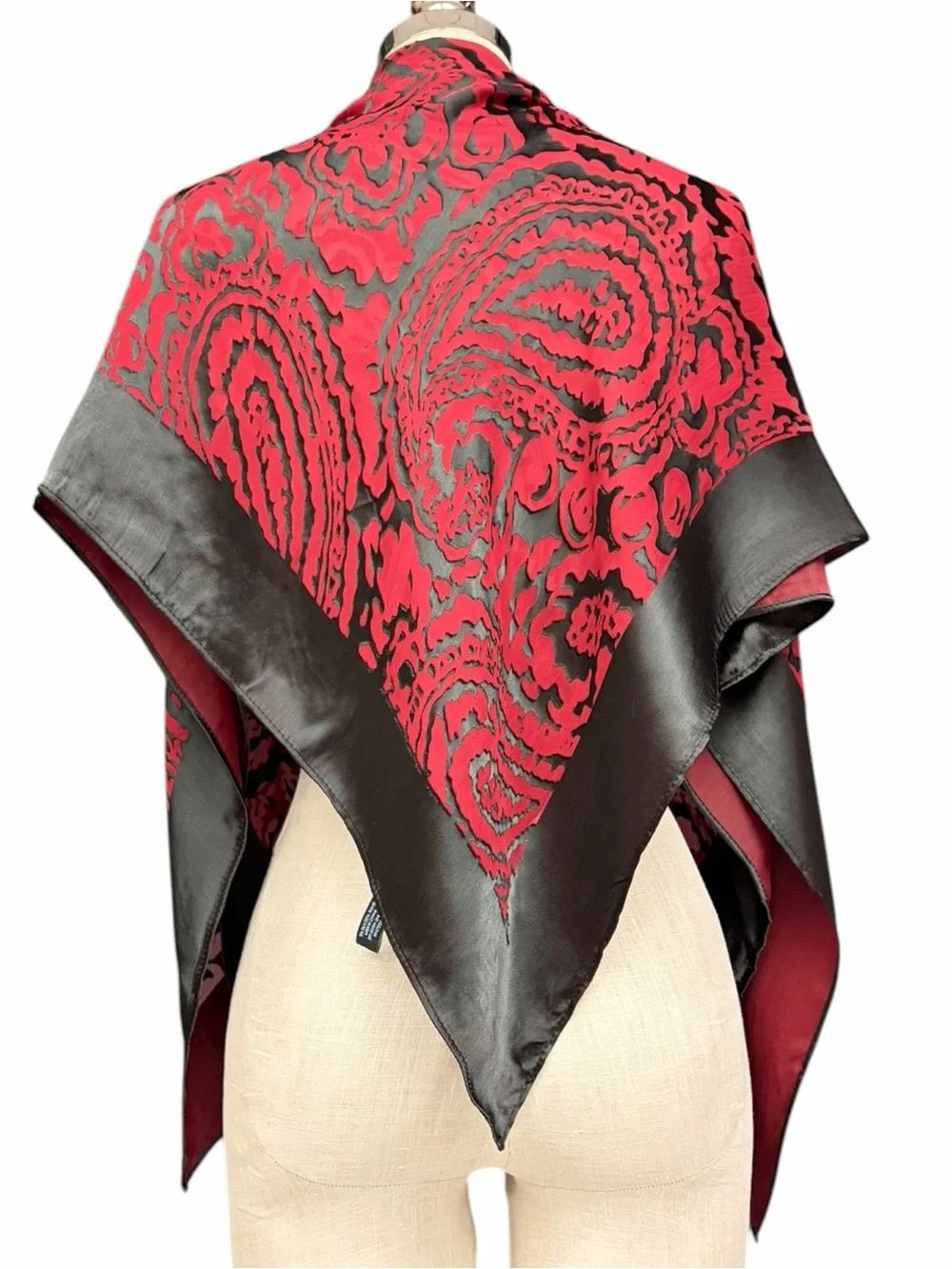 Cynthia Rowley Silk Rayon Burnout Velvet Scarf Red Black Paisley Goth Witchy